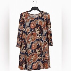 SJS Women’s Size Small Blue & Orange Paisley Shift Dress Split Sleeves Lace Band